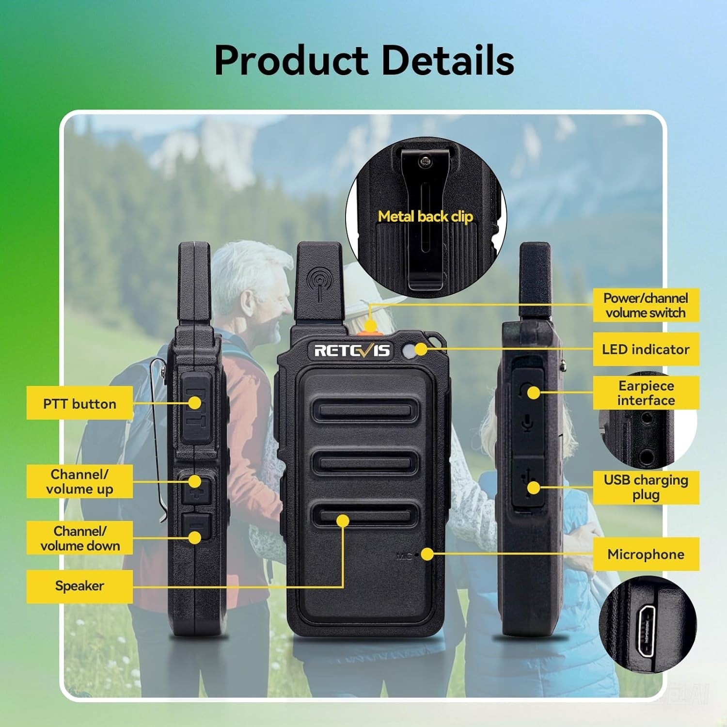 Mini Rechargeable Walkie Talkies PMR446 VOX Long Battery 2 Pack