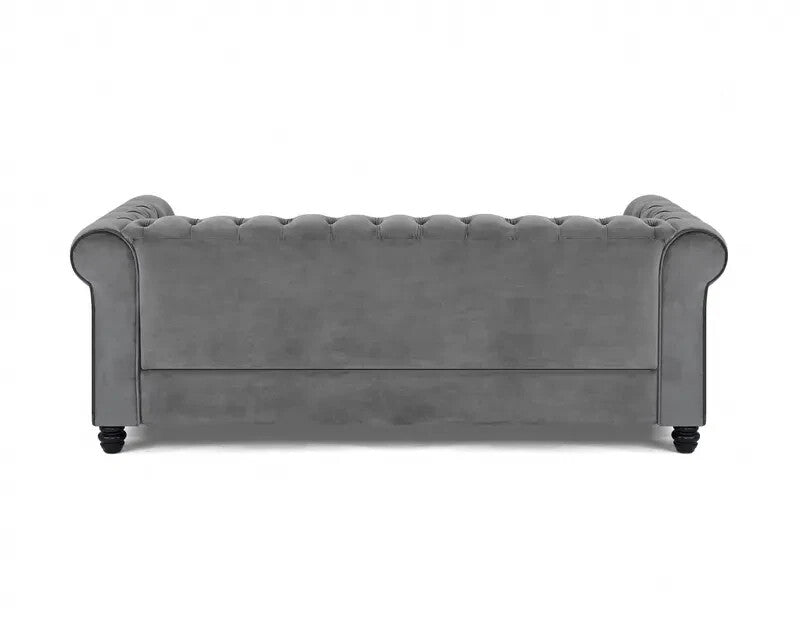 3 Seater Grey Chesterfield Sofa | Velvet Scroll Arms Stud Detail Sofa UK