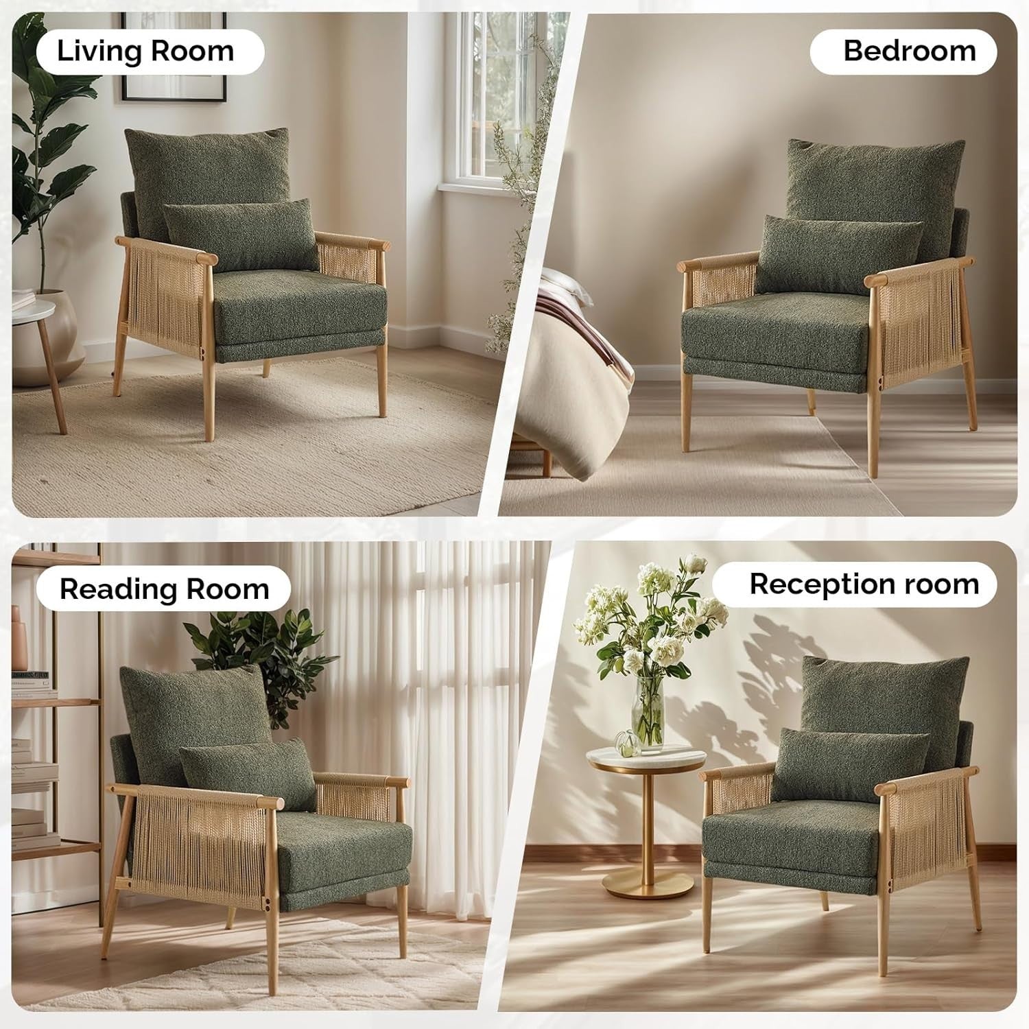 Rattan Accent Armchair Modern Lounge Chair w Pillow Wood Frame Comfy
