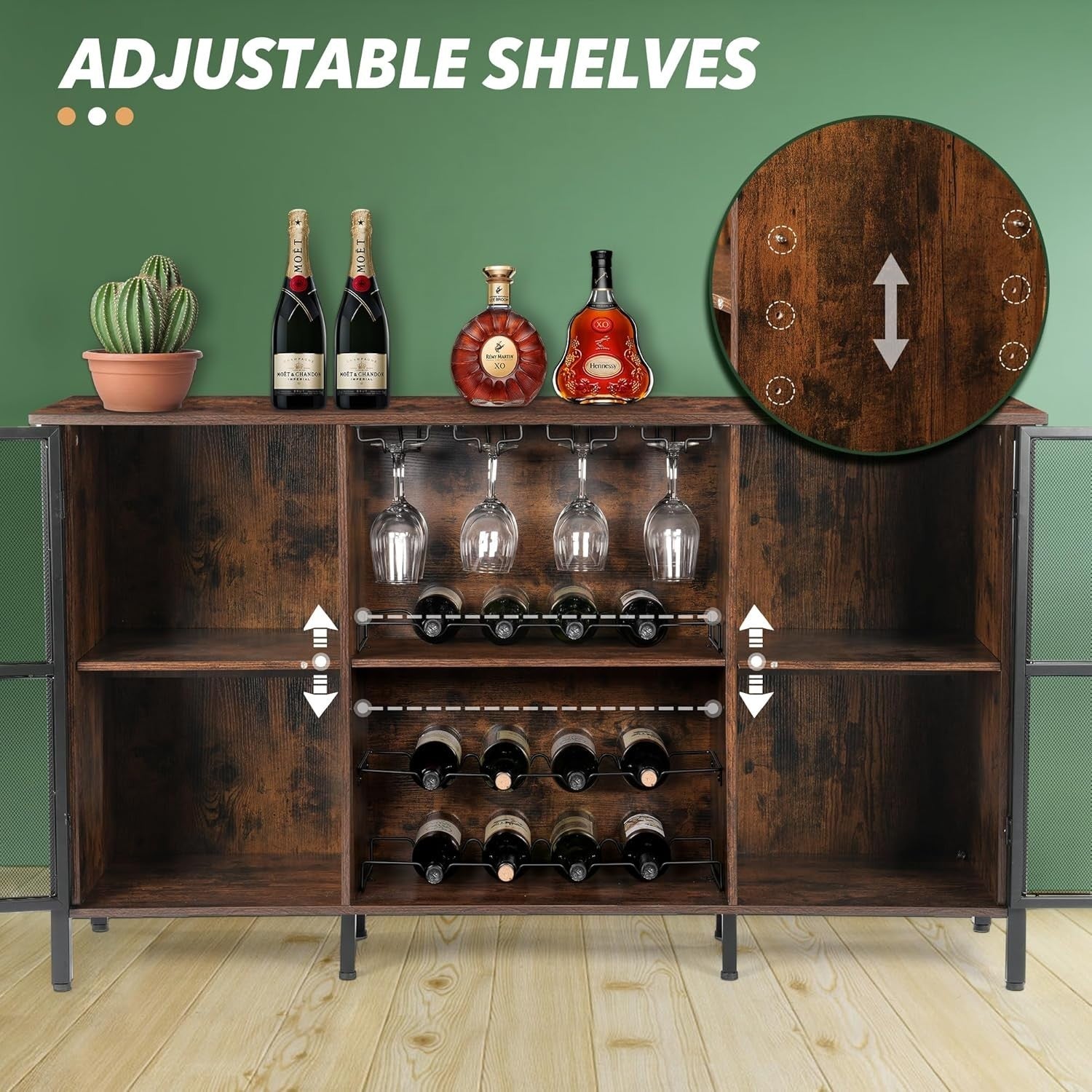 Industrial Wine Bar Cabinet with Glass Holder, Bottle Rack & Storage Sideboard