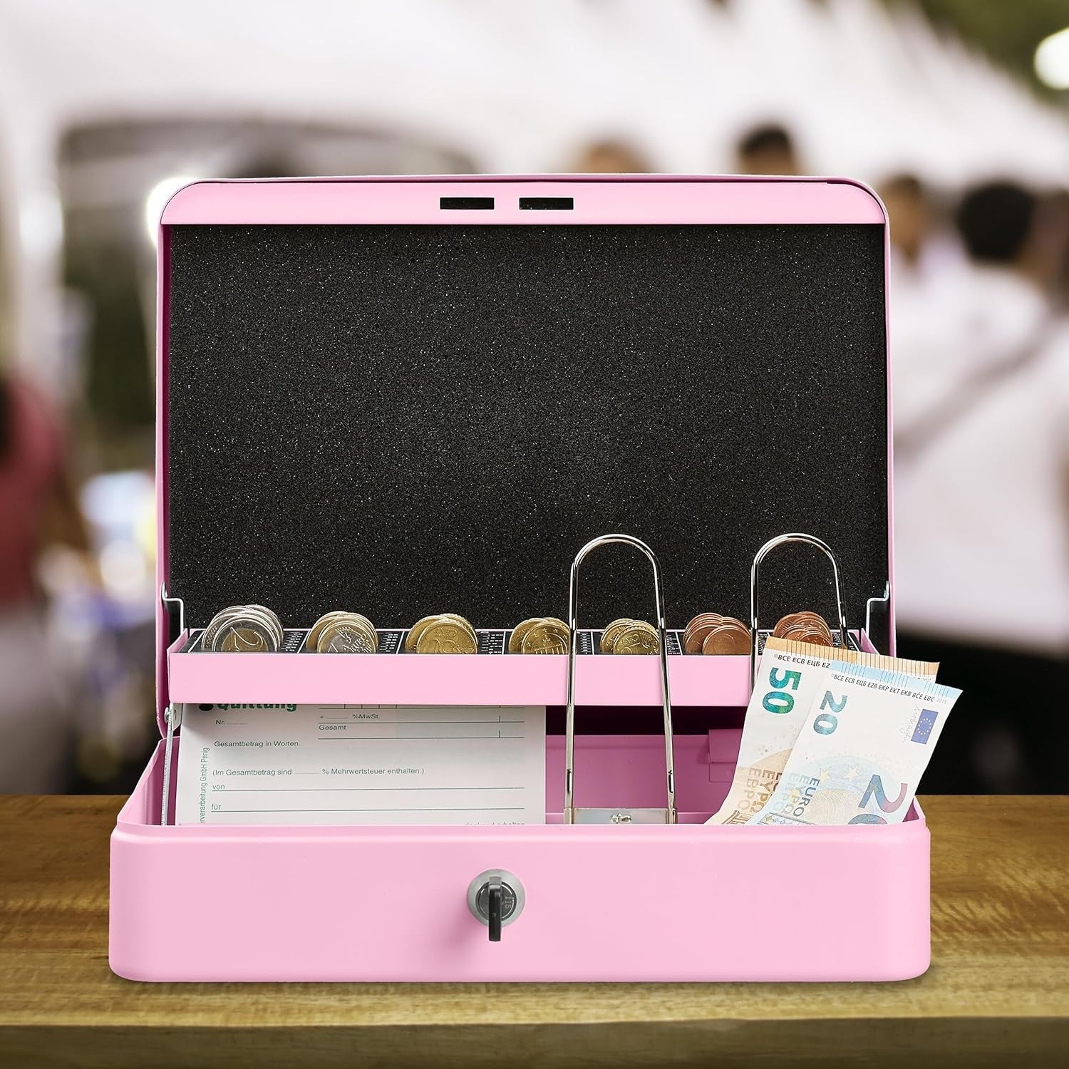 Pink Lockable Cash Box Coin Tray Money Storage Case with Keys