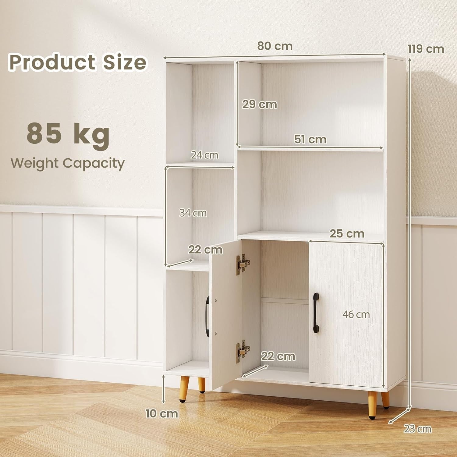 Modern Tall Storage Bookcase with Doors & Open Shelves 80x23x119cm White