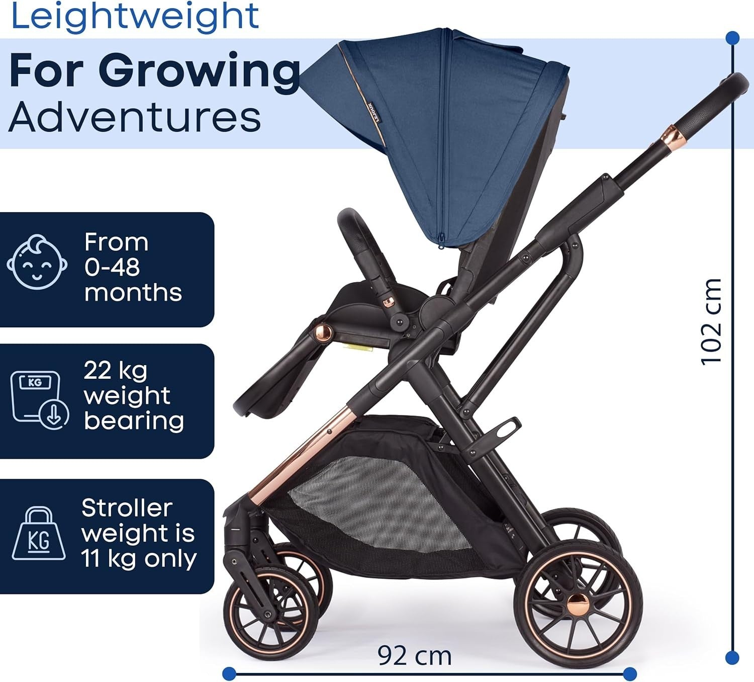 Baby Pushchair Reclining Seat Smooth Suspension Compact Stroller Blue