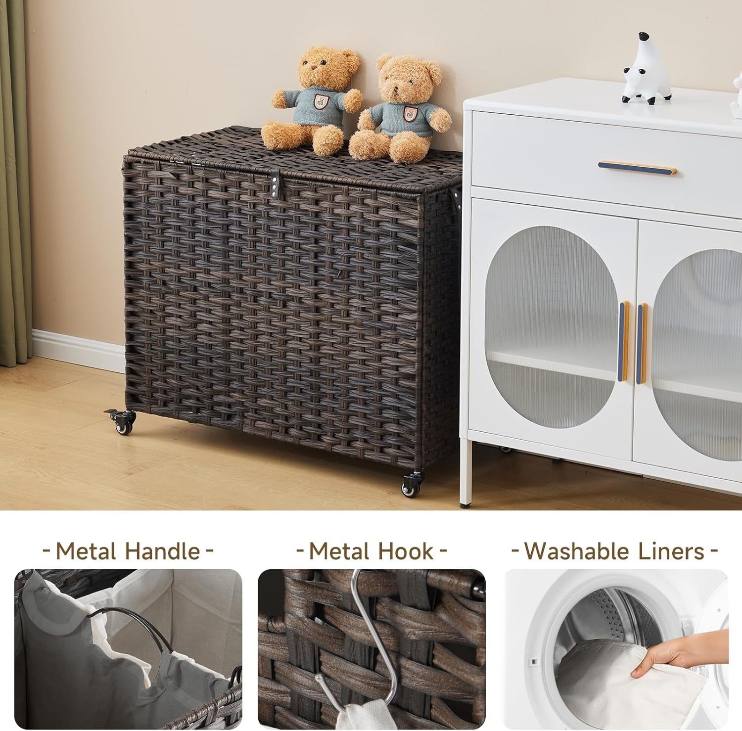 200L Wicker Laundry Hamper on Wheels with Lid | 3 Removable Bags & Side Pocket |