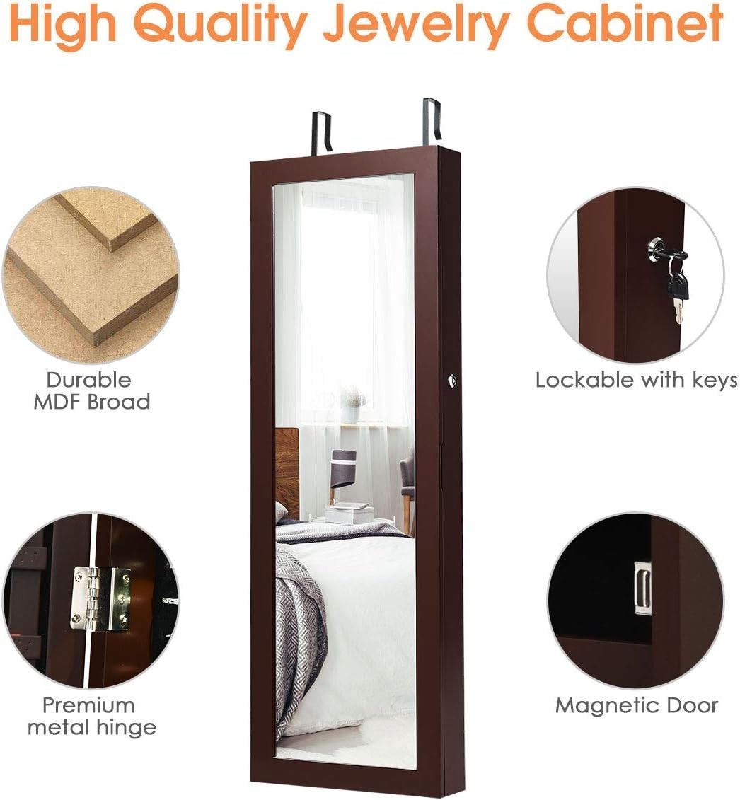Wall Mount Jewelry Armoire LED Full Length Mirror Lockable Storage Brown
