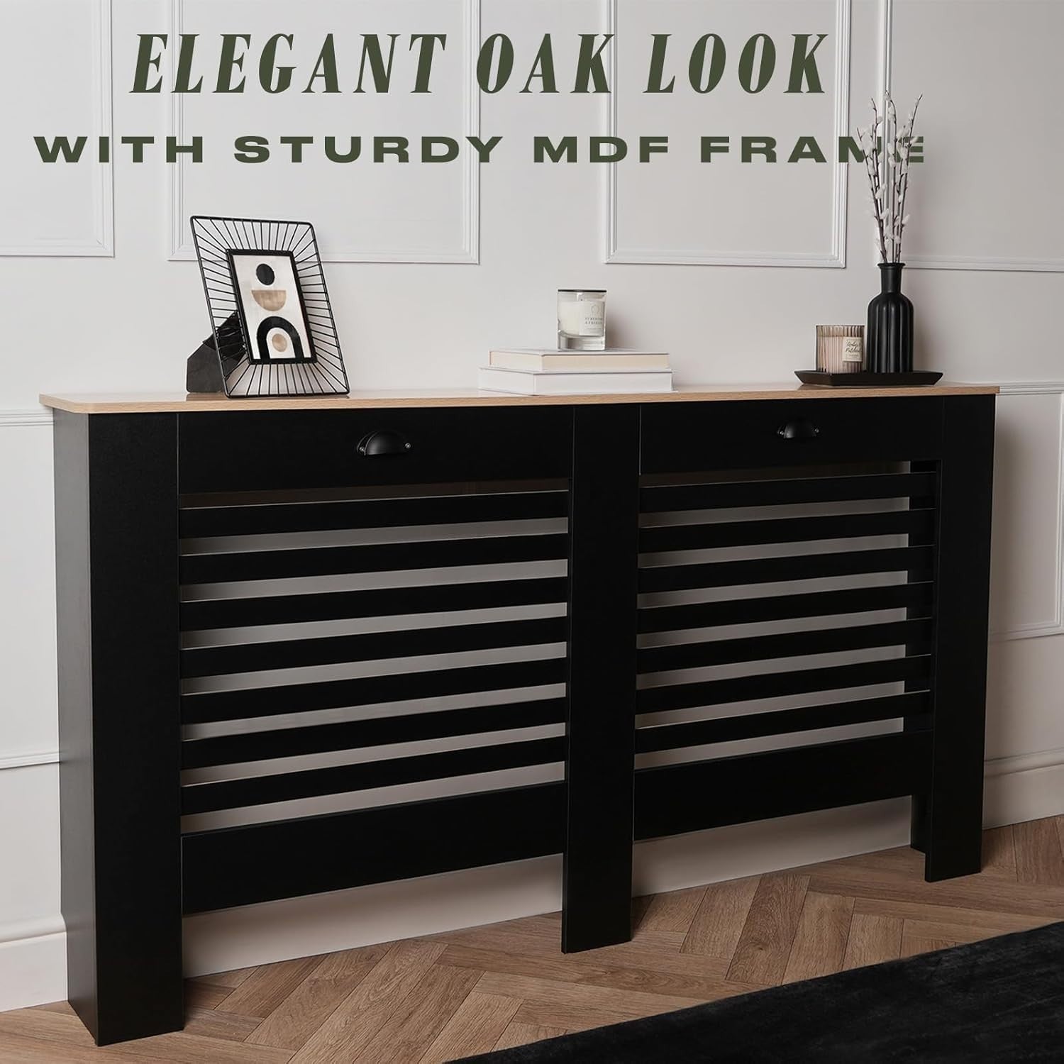 Large Black Radiator Cover with Oak Top – Modern MDF Slatted Cabinet