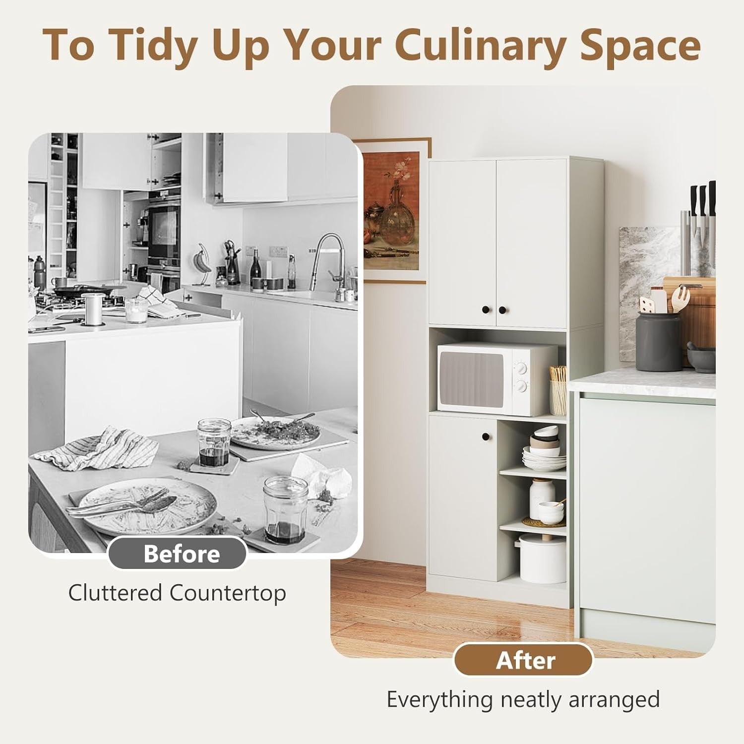 Tall Kitchen Cupboard White 3-Door Pantry Cabinet with Open Shelves