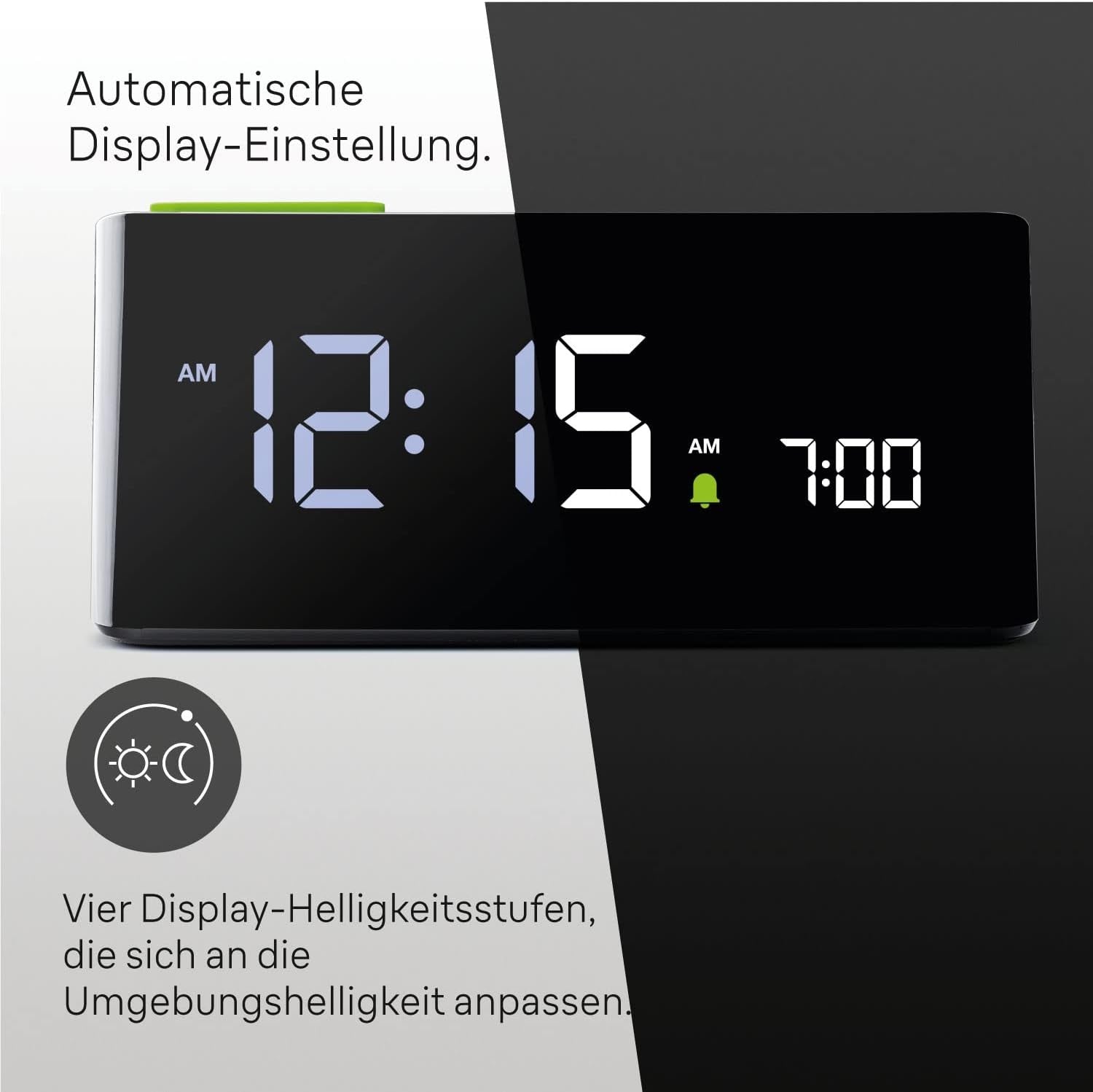 Black Digital Alarm Clock Auto Dimming LCD Display Snooze Modern