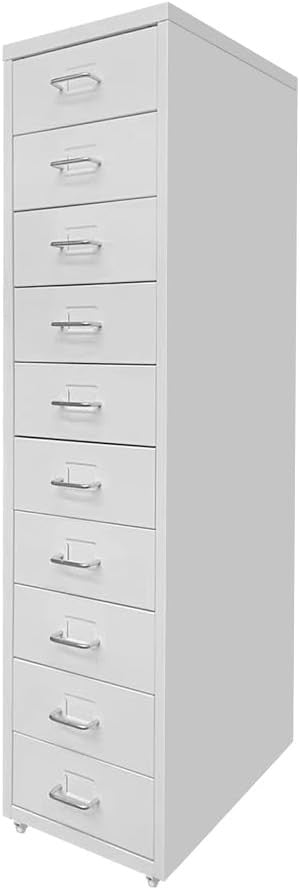 White Metal 10 Drawer Mobile Filing Cabinet Tall Office Storage on Wheels