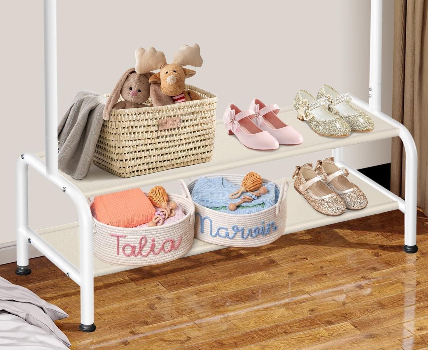 Kids Clothes Rail White Mini Dress Up Rack with 2 Shelves