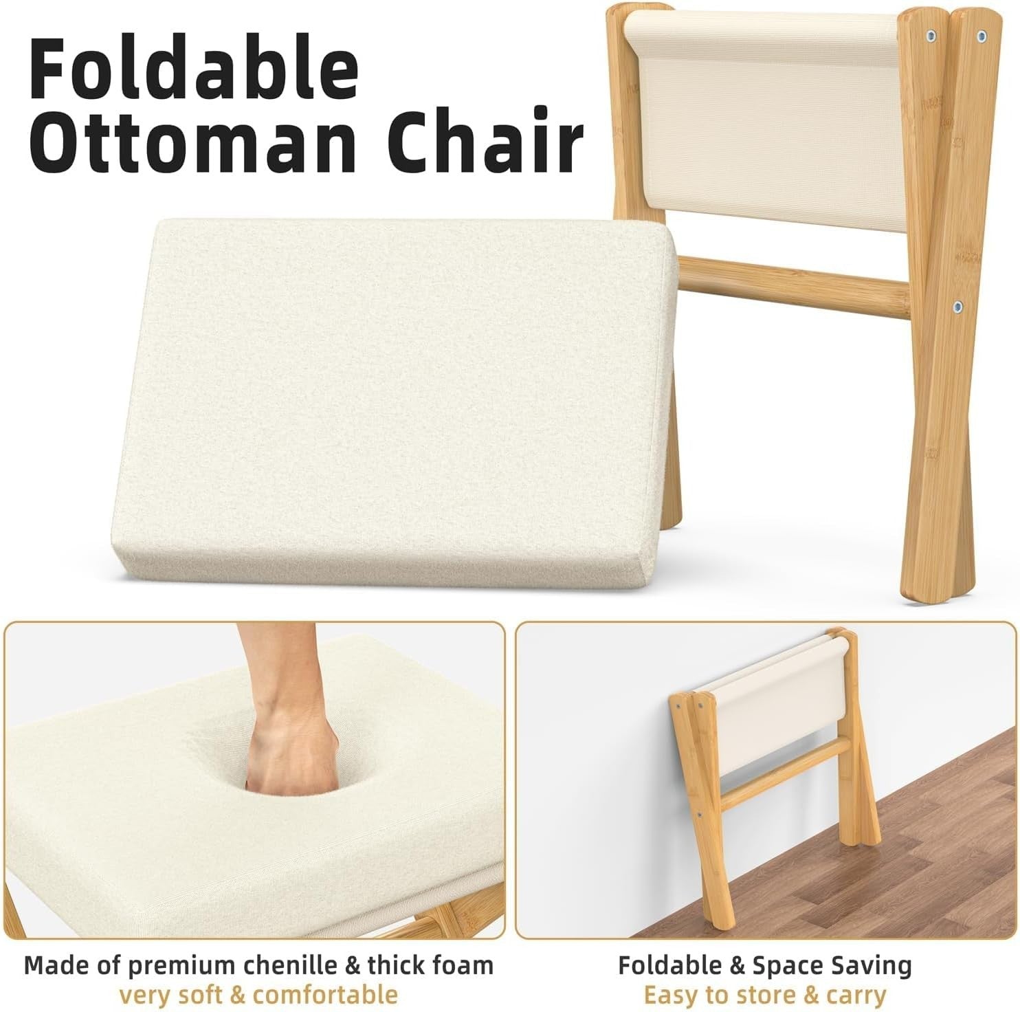 Natural Bamboo Foldable Footstool Ottoman with Beige Chenille Cushion