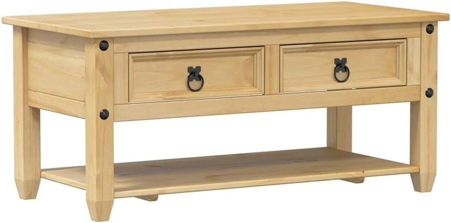 Solid Pine Coffee Table with Storage Drawers & Shelf | Rustic Wood 100x48x45cm