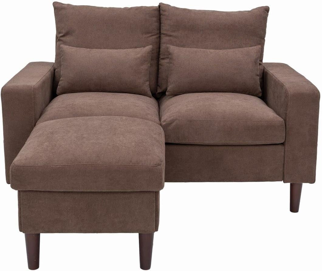 2 Seater Sofa Brown with Footstool Linen Fabric Small Couch + 2 Cushions