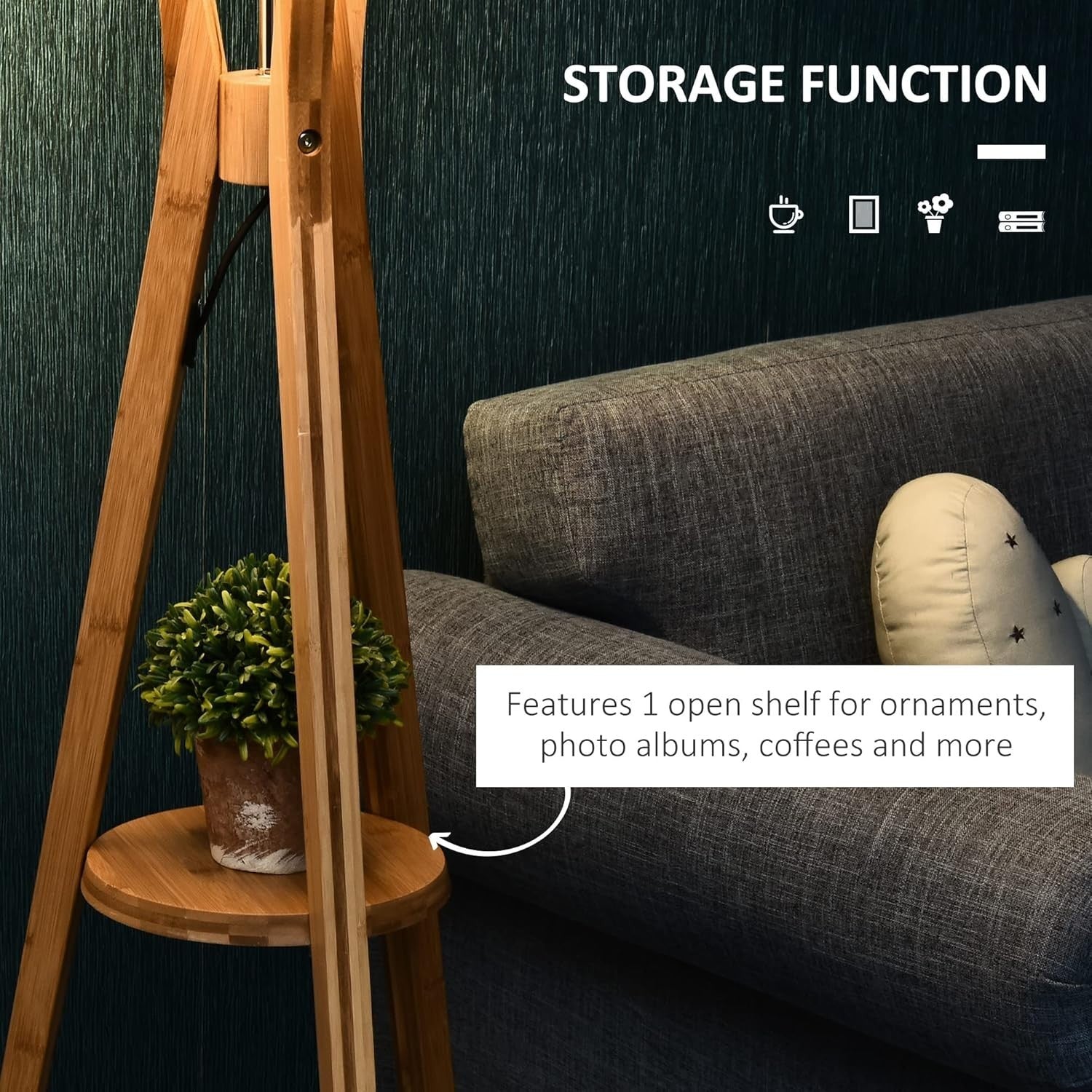 Wood Tripod Floor Lamp with Shelf E27 Grey Shade Tall Light for Living Room