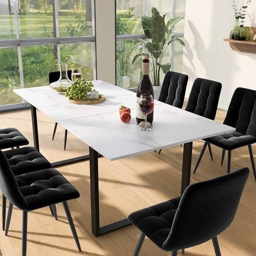 Extendable Dining Table Marble White Black with Iron Legs 140-180cm