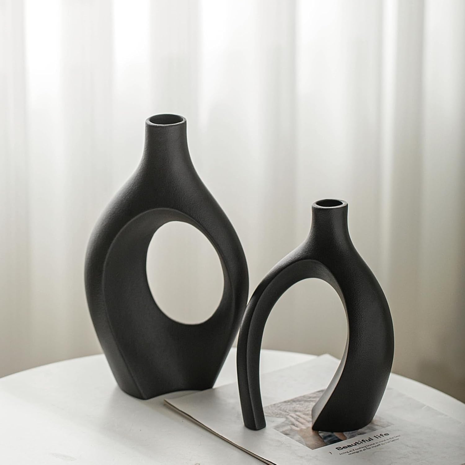 Extra Large Matte Black Ceramic Vase Set of 2 Nordic Boho Pampas Decor