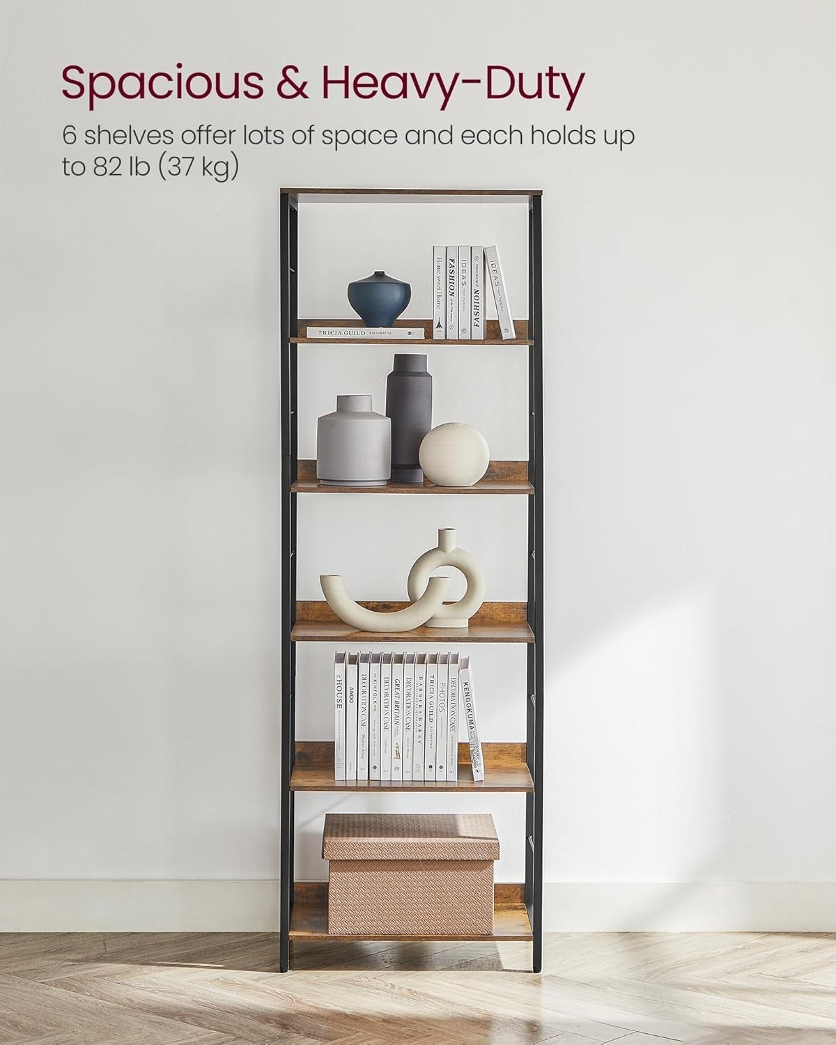 6 Tier Industrial Bookcase Rustic Brown Metal Frame Storage Shelf Unit