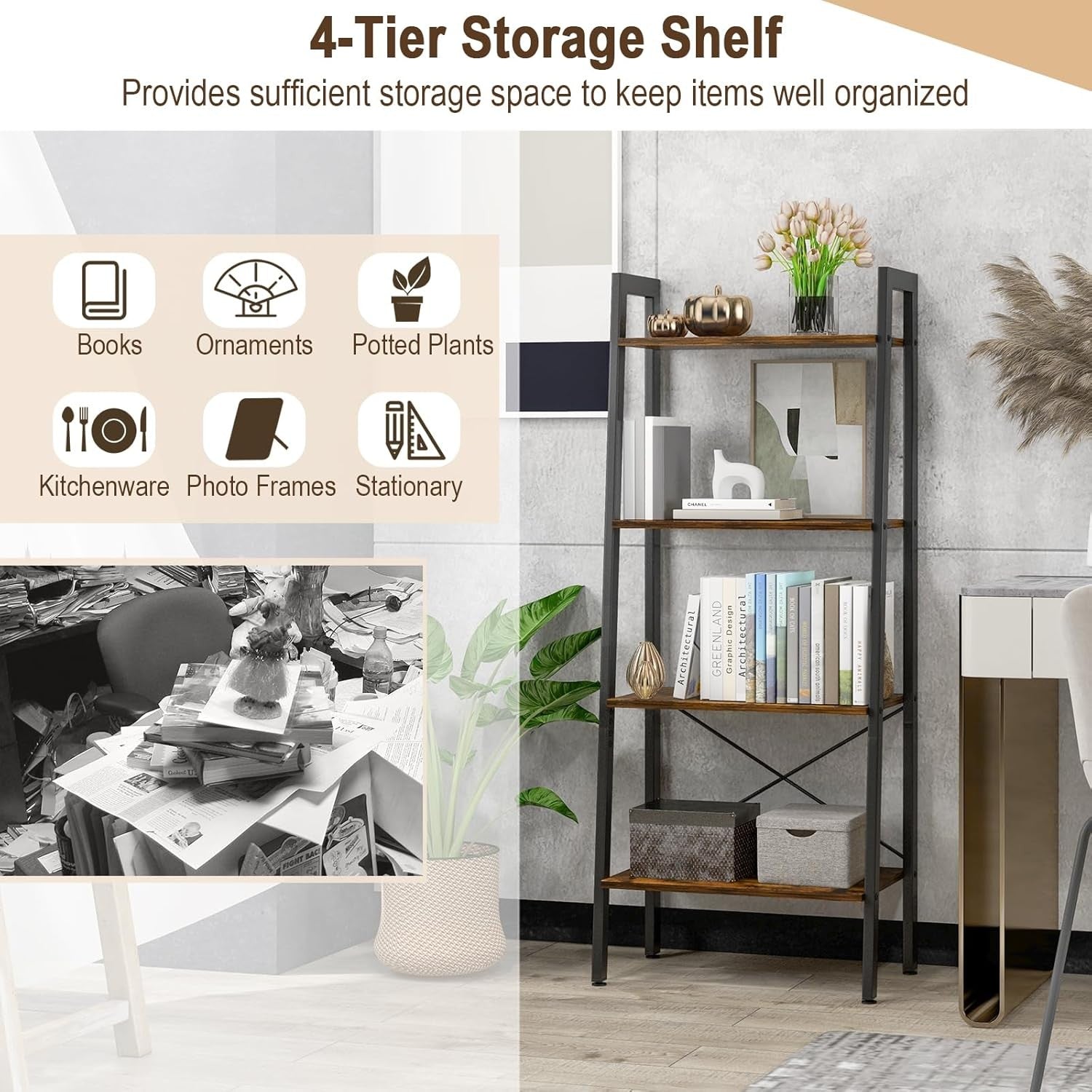 Rustic Brown Industrial Ladder Shelf 4-Tier Freestanding Storage Rack