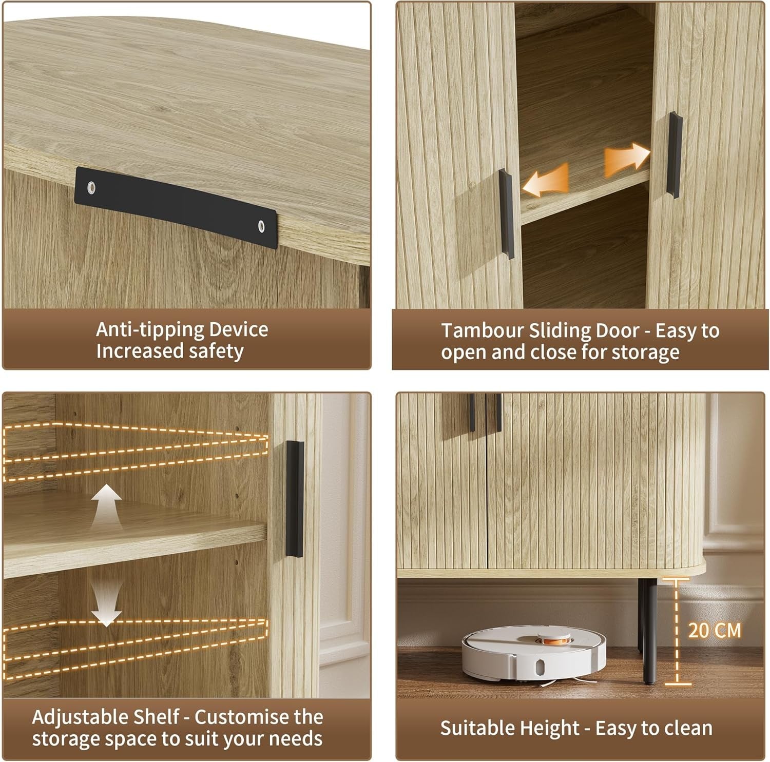 Natural Wood Sideboard Buffet Cabinet with Sliding Tambour Doors 80cm