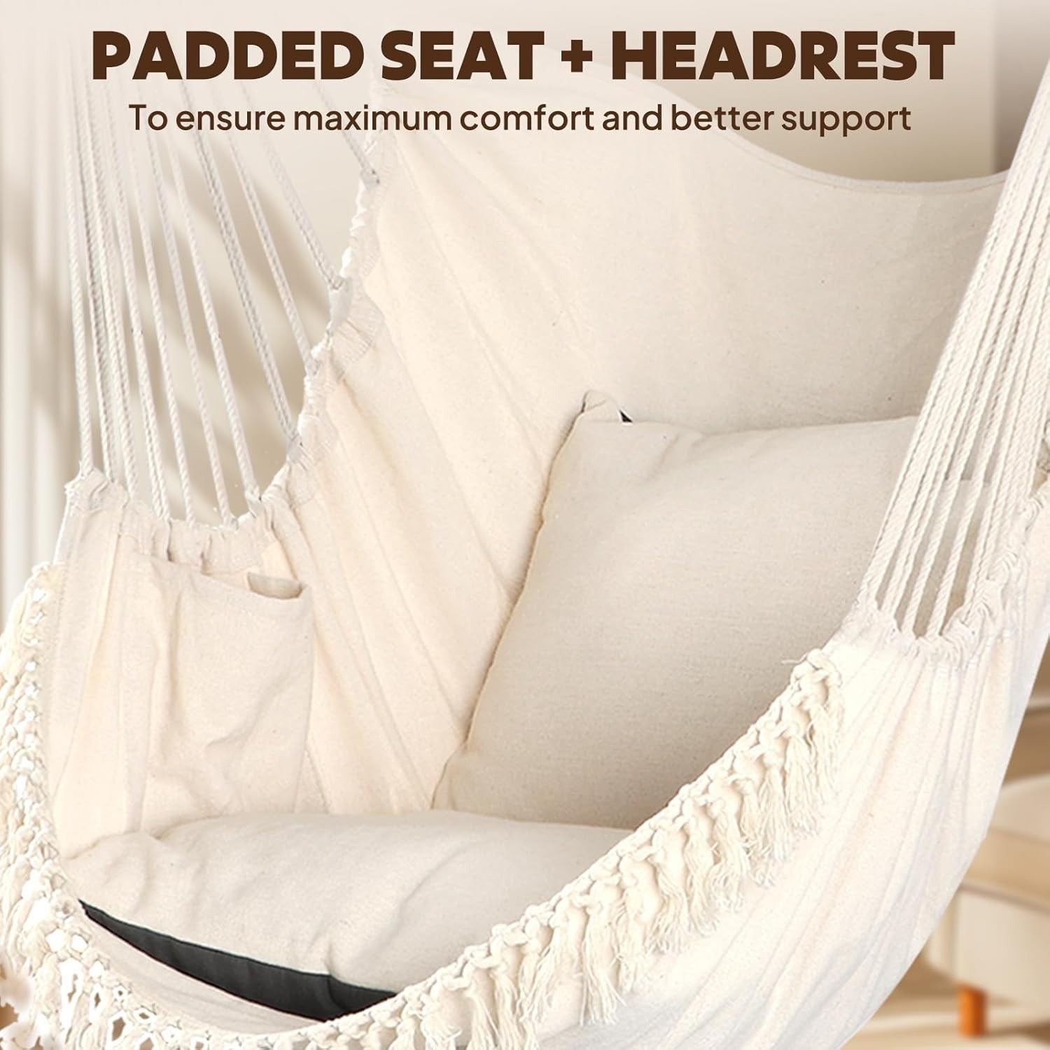 Cream Hammock Chair with 2 Cushions & Straps | 500lbs Indoor Outdoor Swing