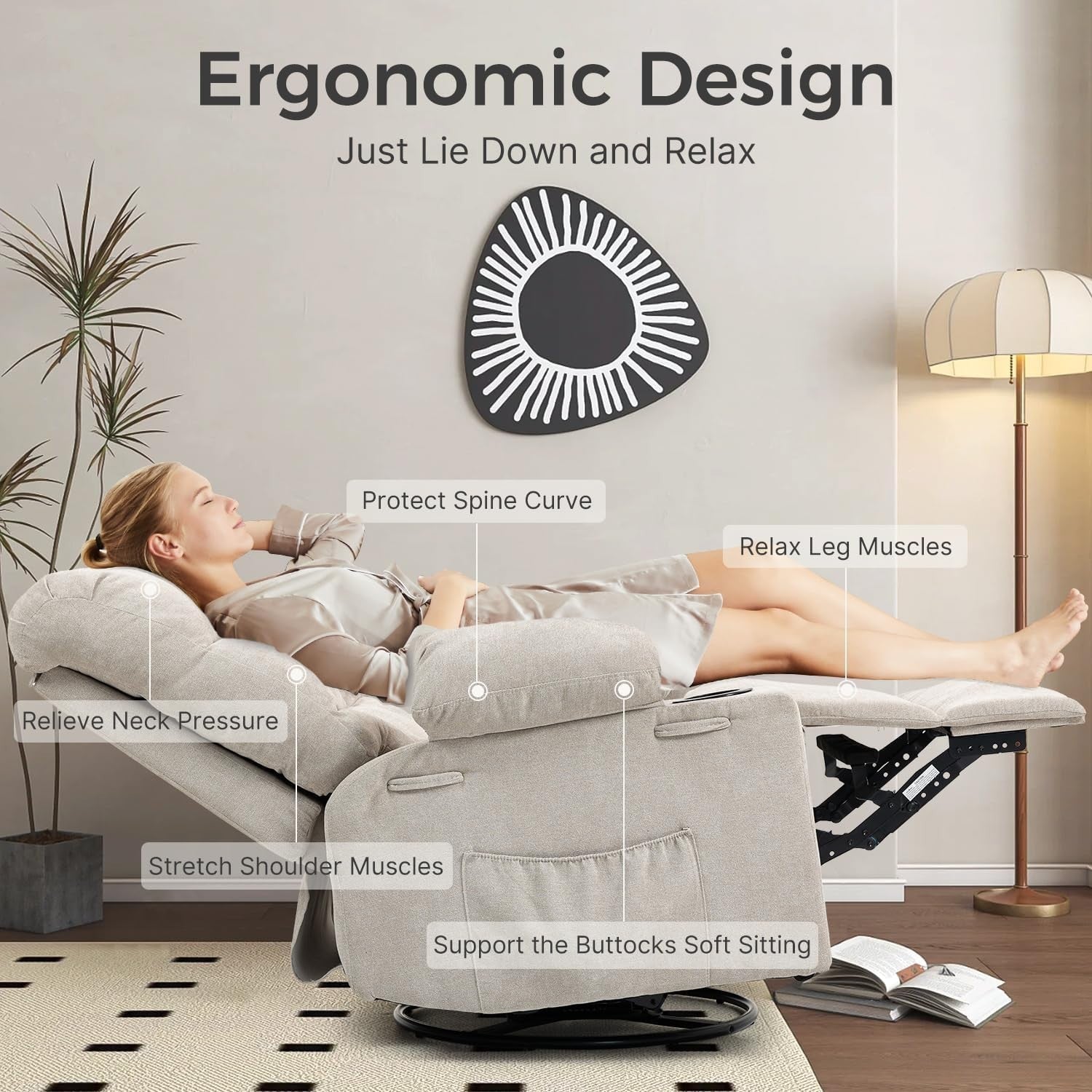 Recliner Chair Massage Heat Swivel Rocking Manual Footrest Cup Holders Beige