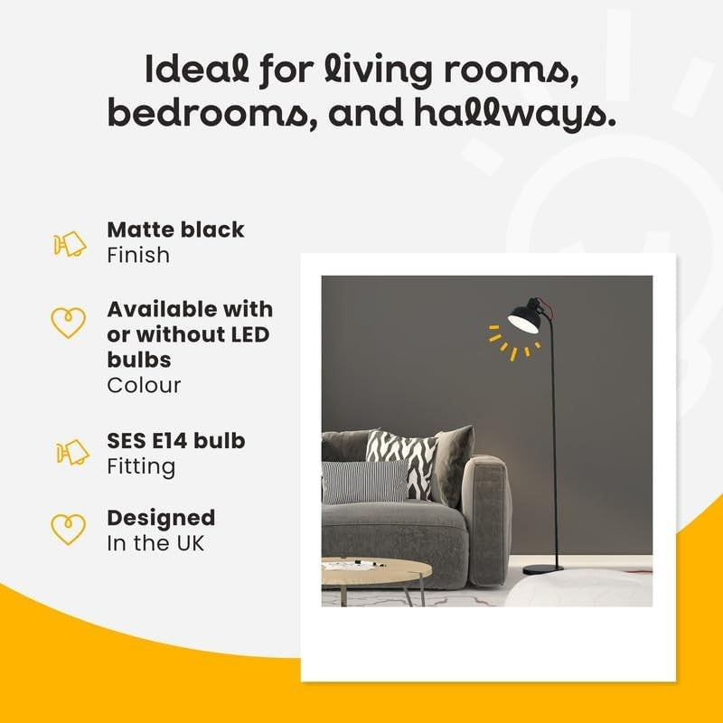 Retro Black Floor Lamp Curved Metal Reading Light E14 Standing Lamp