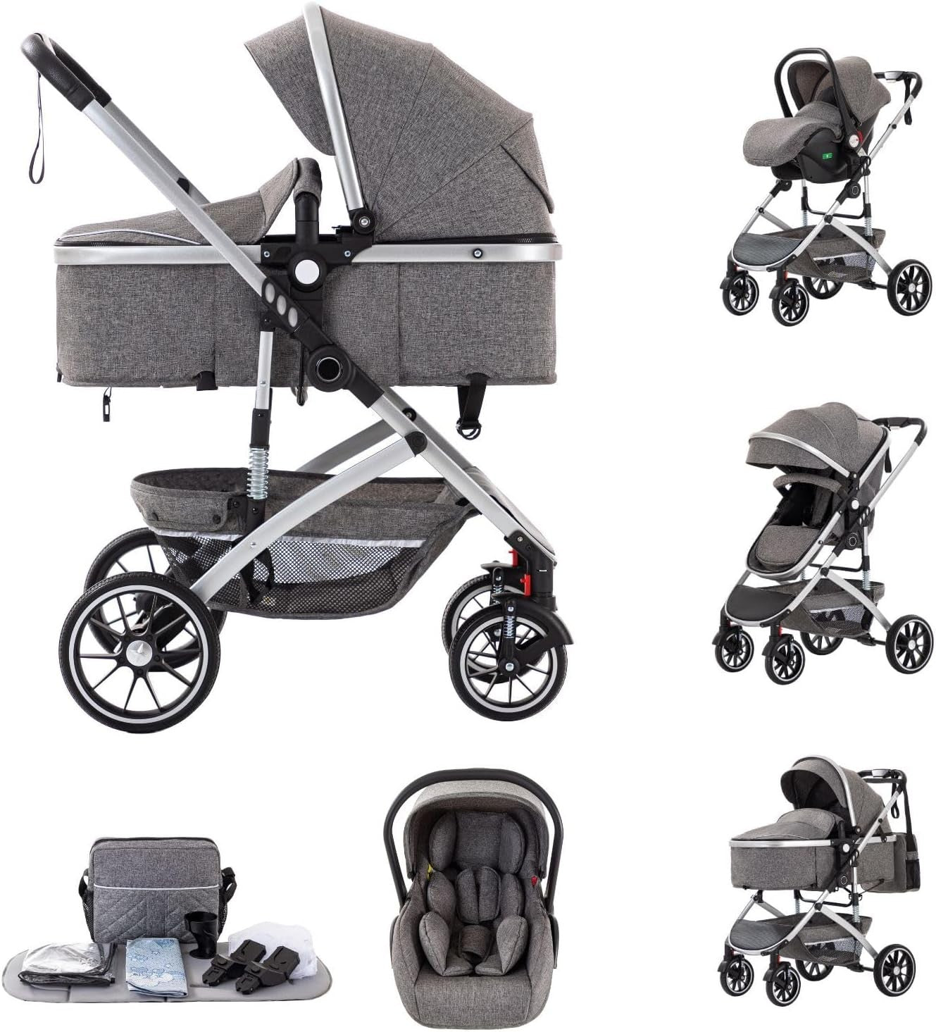 3-in-1 Baby Stroller Travel System Car Seat Pram Foldable Gray