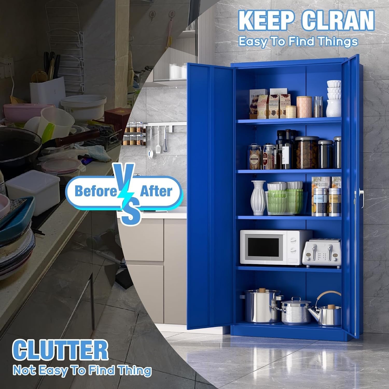 Blue Metal Storage Cabinet 180cm with Lock & Adjustable Shelves – Tall Cupboard