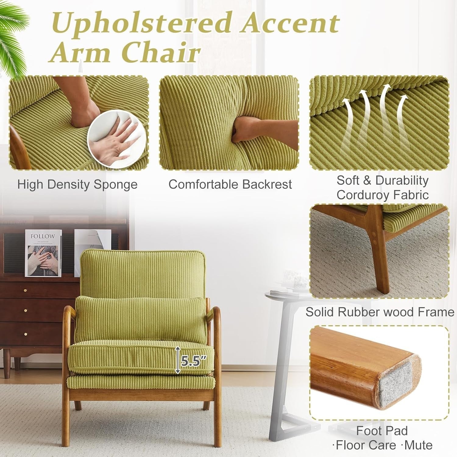 Corduroy Lounge Armchair with Cushions | Oversized Reading Chair, Green