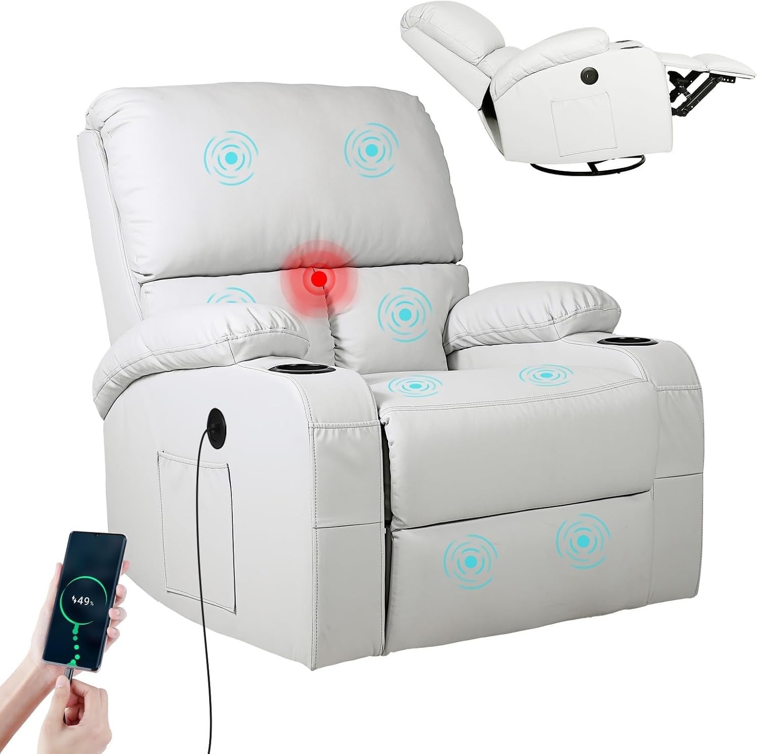 Rocking Recliner Chair Massage Heat 360° Swivel USB Type-C Light Grey