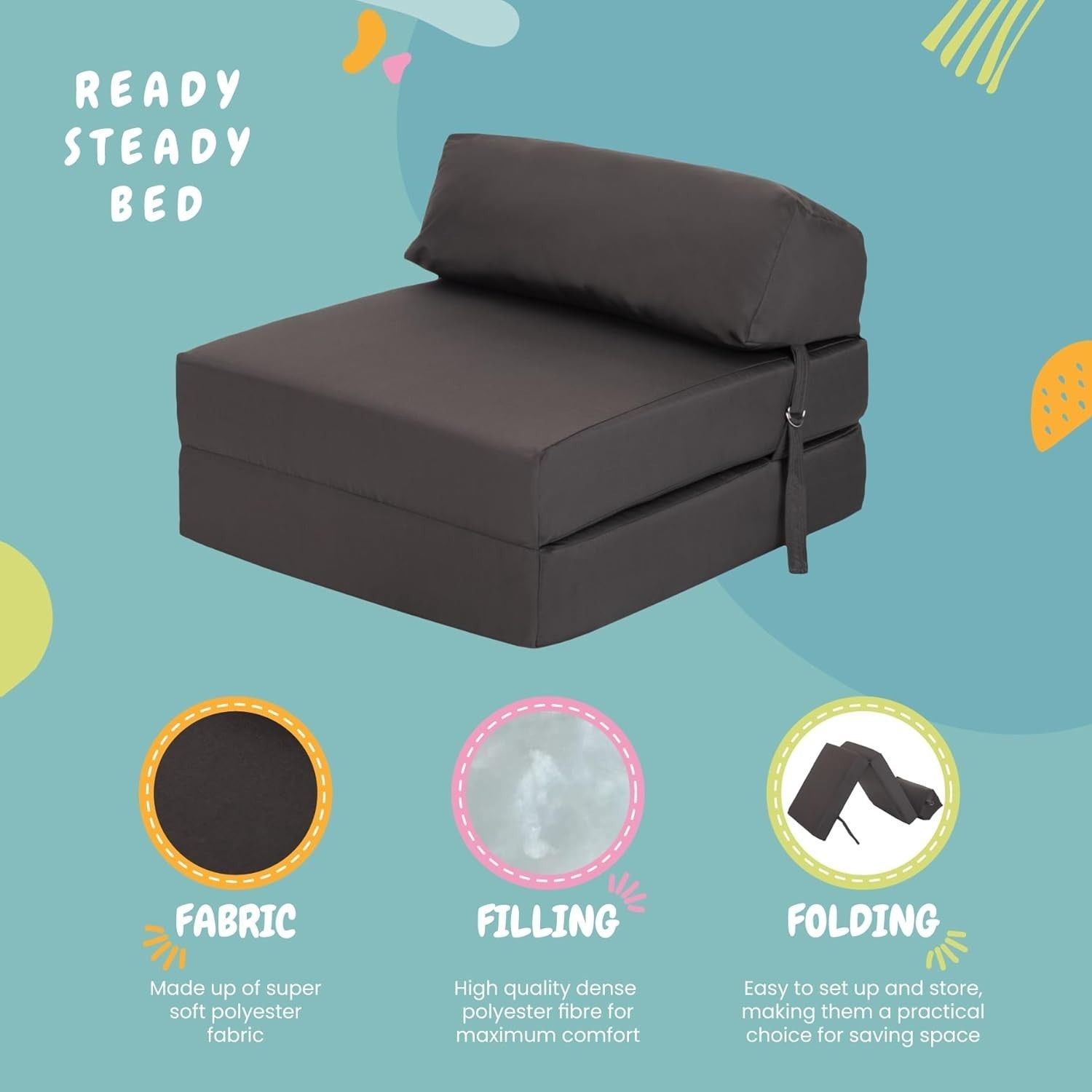 Dark Grey Folding Z Bed Chair Single Futon Sofa Mattress Guest Seat