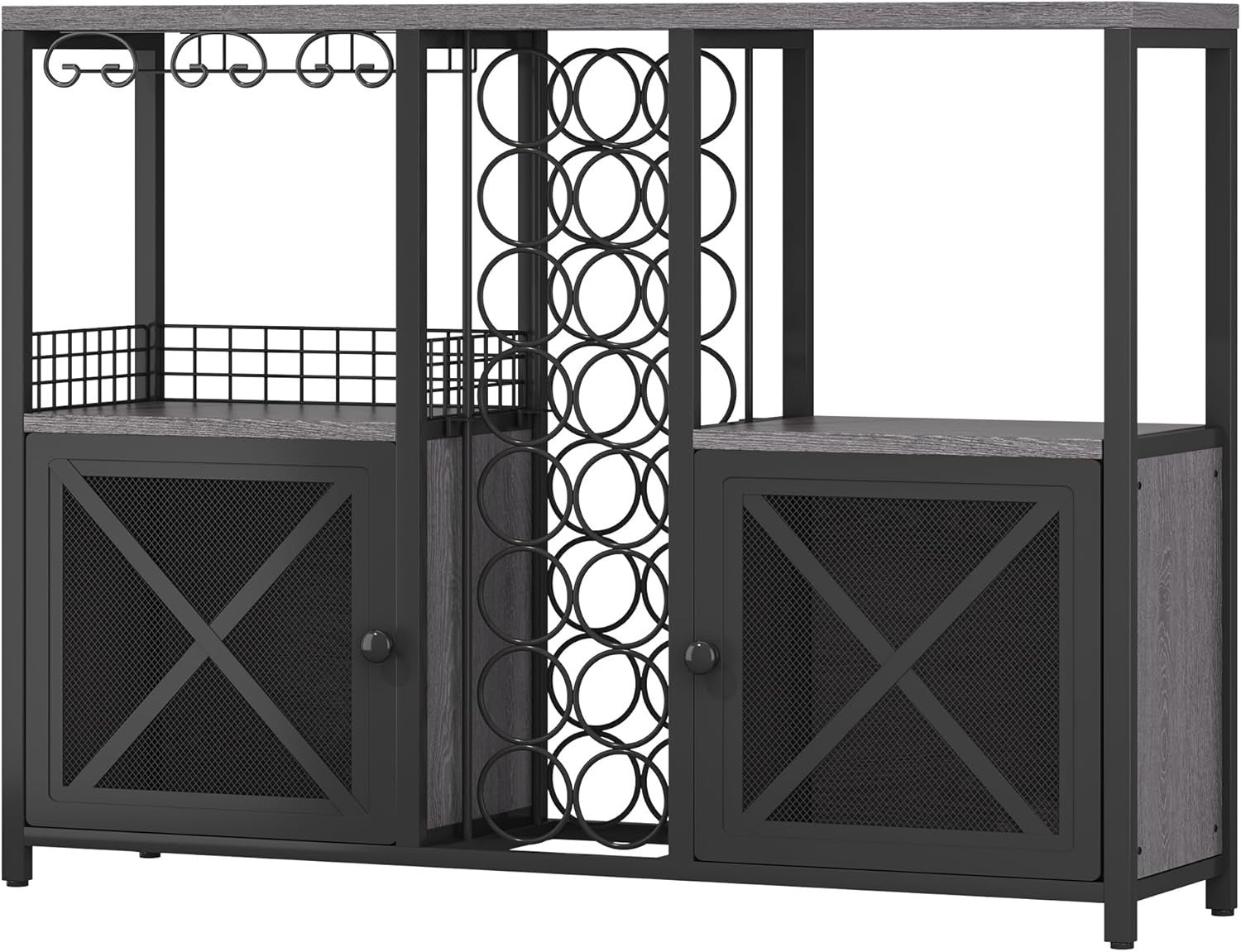 Rustic Home Bar Cabinet with Wine Rack & Glass Holder, Liquor Sideboard Storage