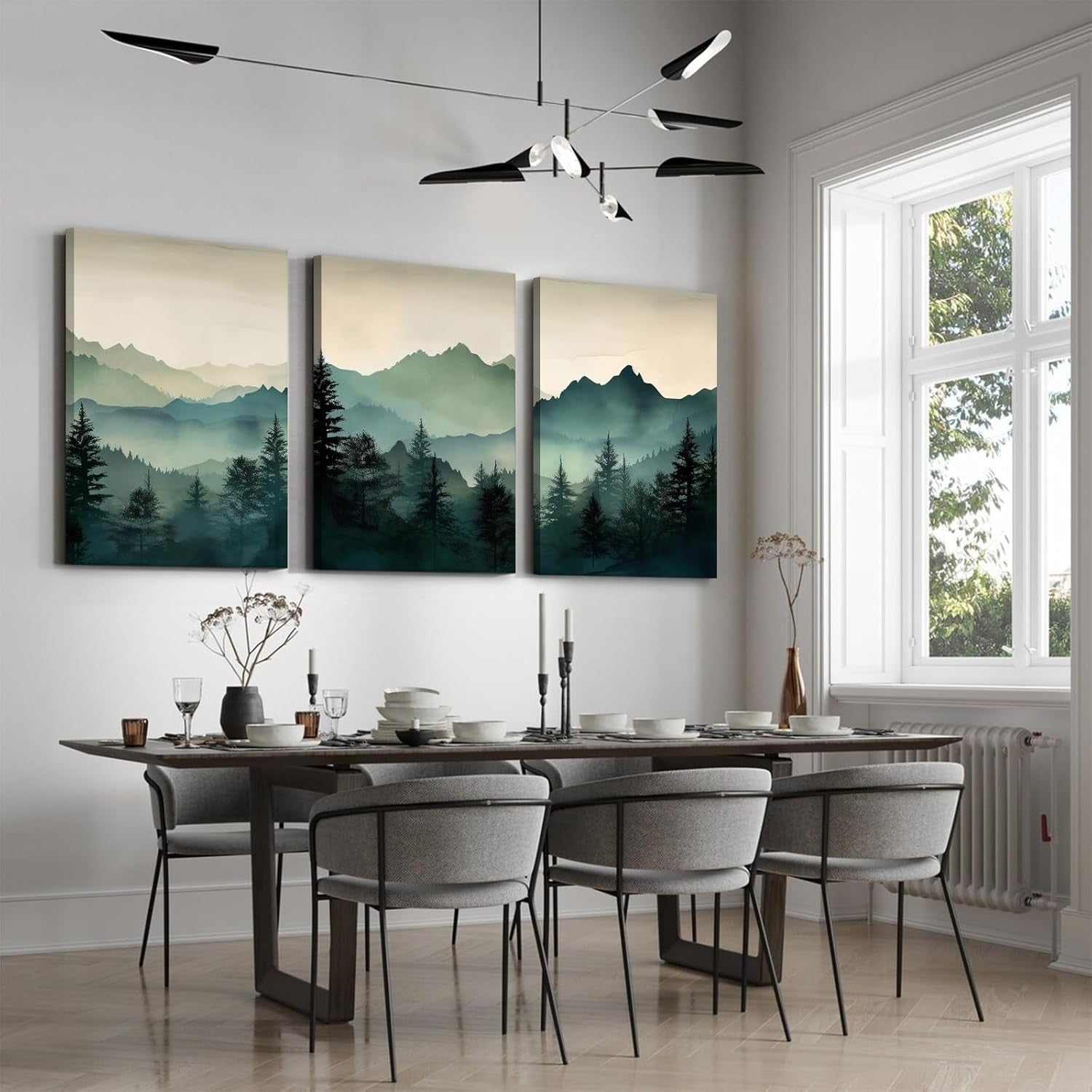 Sage Green Mountain Forest Wall Art Set of 3 Framed 12x16in