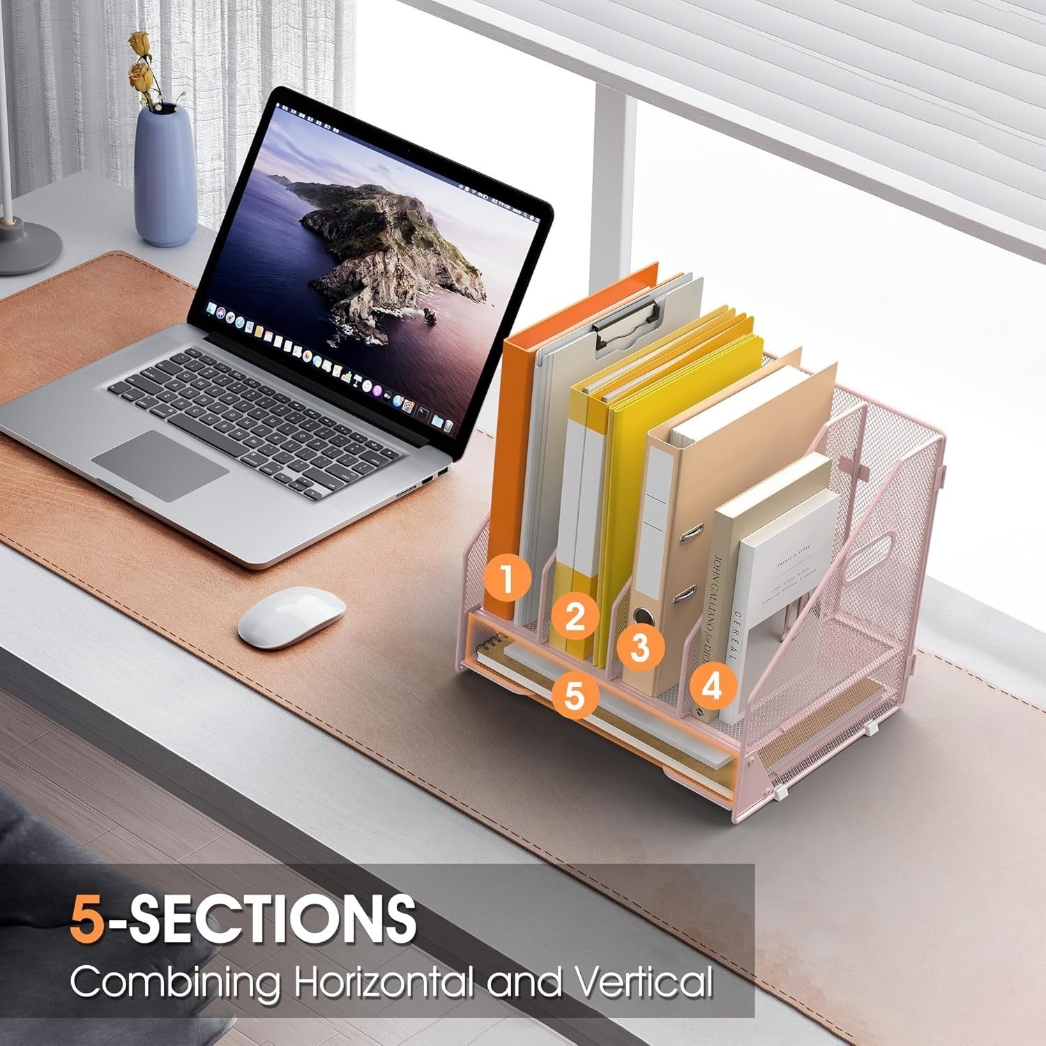 Desk File Organizer with 4 Adjustable Vertical Compartments & Letter Tray – Pink