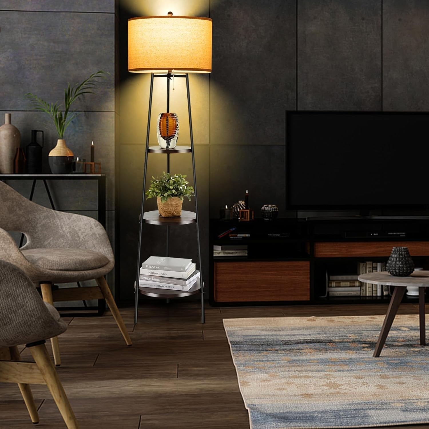 Tripod Floor Lamp with Shelves Storage Standing Lamp Fabric Shade E27