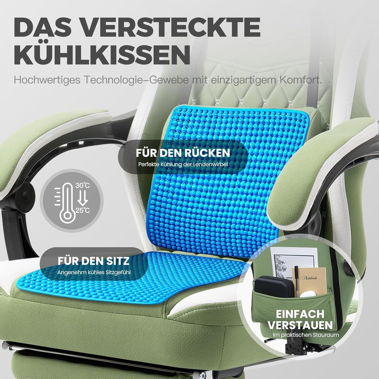 Massage Gaming Chair Fabric Recliner w/ Footrest 150kg Green
