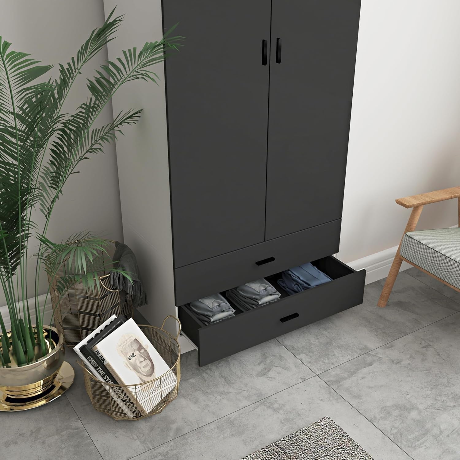 Modern 2 Door Wardrobe Black Drawers Hanging Rail Tall Storage Unit