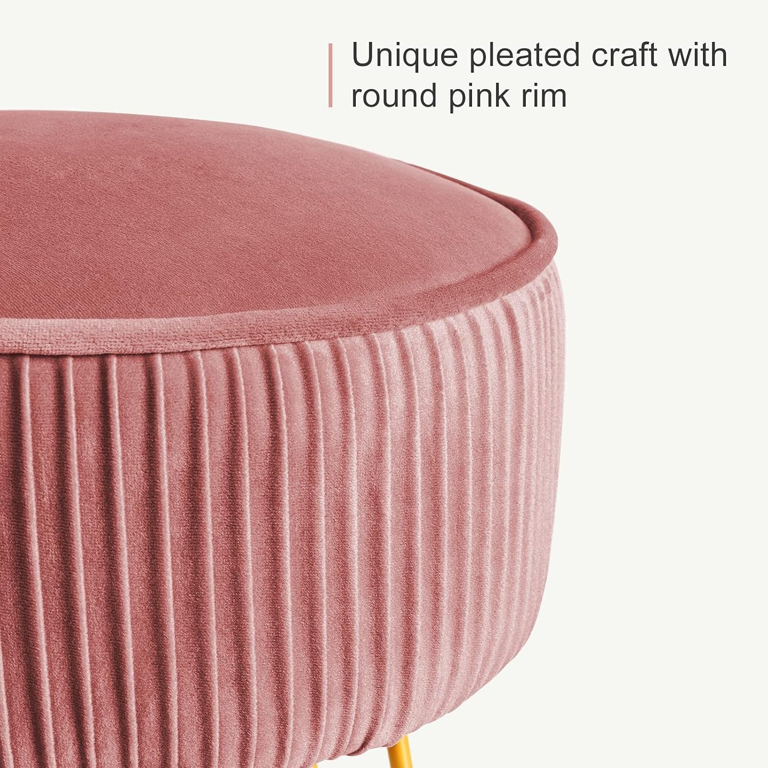 Pink Velvet Pleated Vanity Stool Round Ottoman with Gold Metal Legs