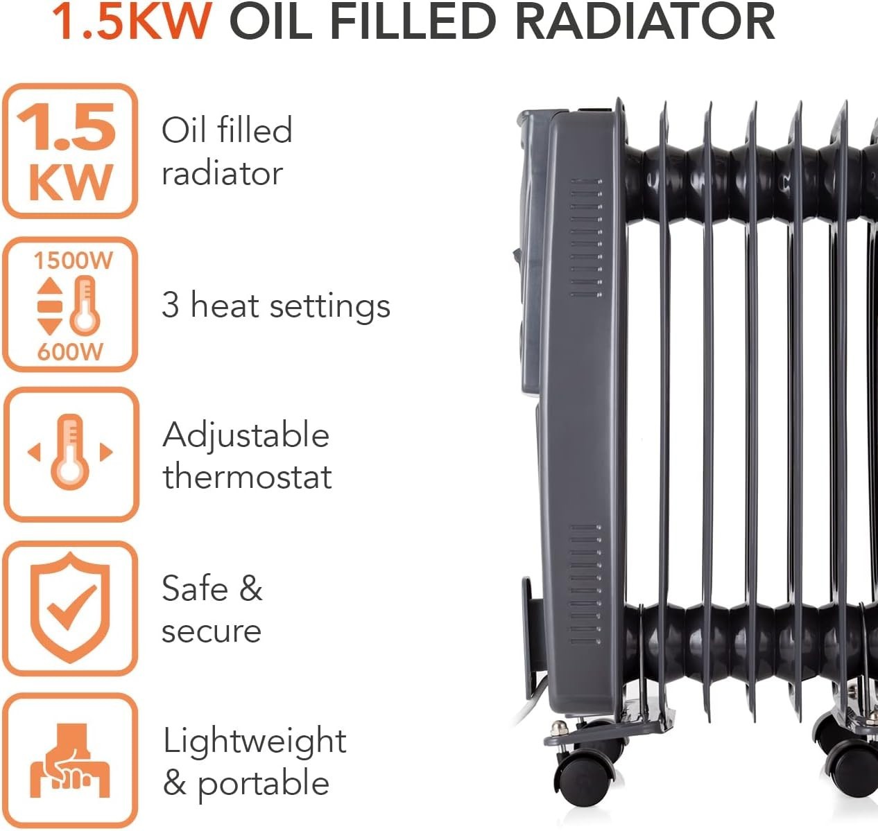 1500W Oil-Filled Radiator 7 Fin with Adjustable Thermostat, Overheat Protection