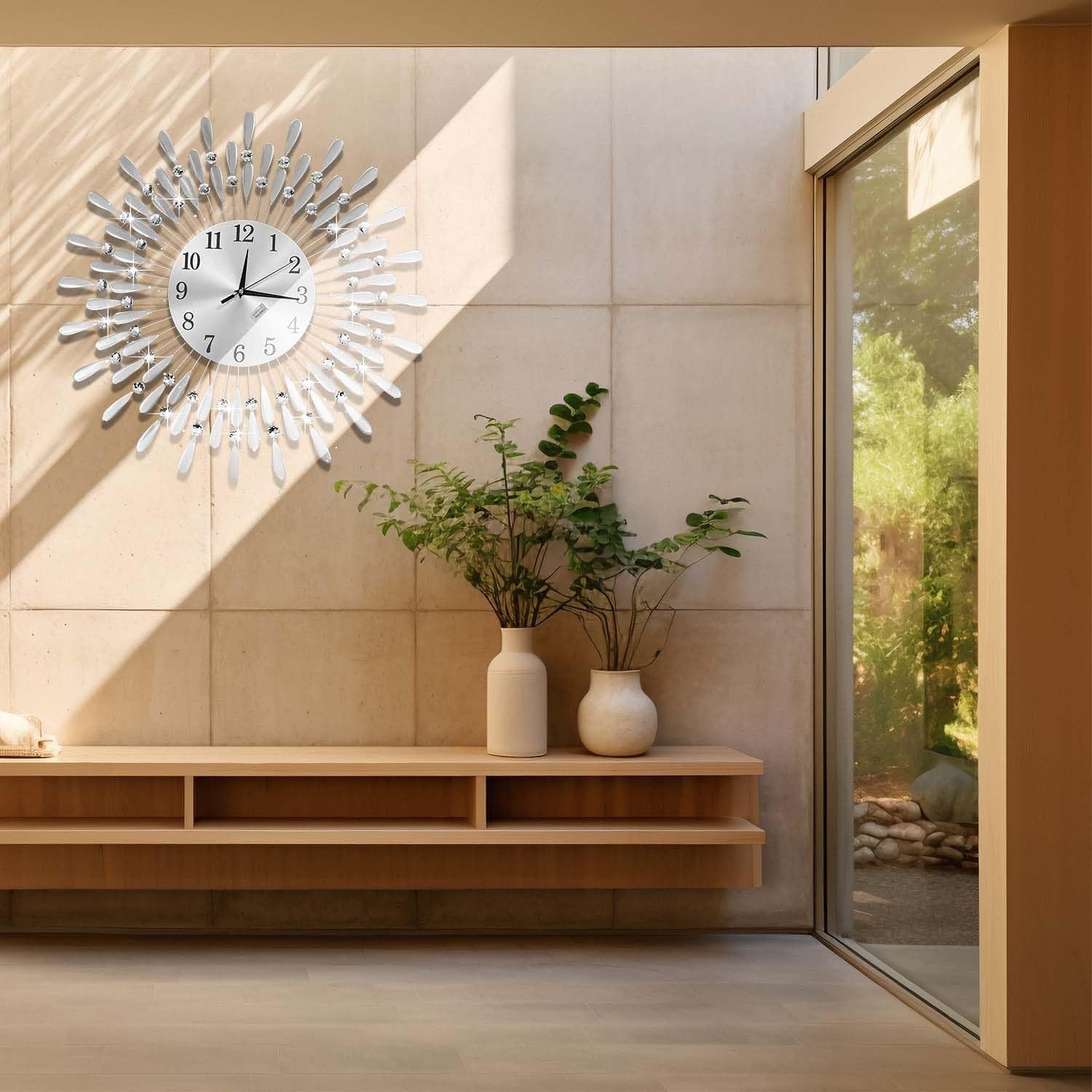 60cm Silver Sunburst Wall Clock – Luxury Diamante Beaded Modern Metal Design