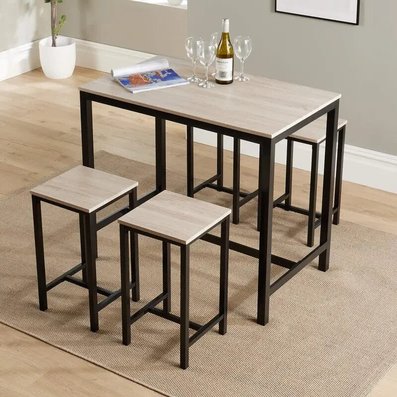 5 Piece Industrial Dining Table Set Oak MDF Top with 4 Stools Space Saving