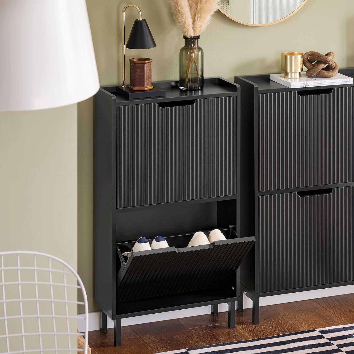 Slim Black Shoe Cabinet 2 Flip Drawers Narrow Hallway Storage 19cm Deep