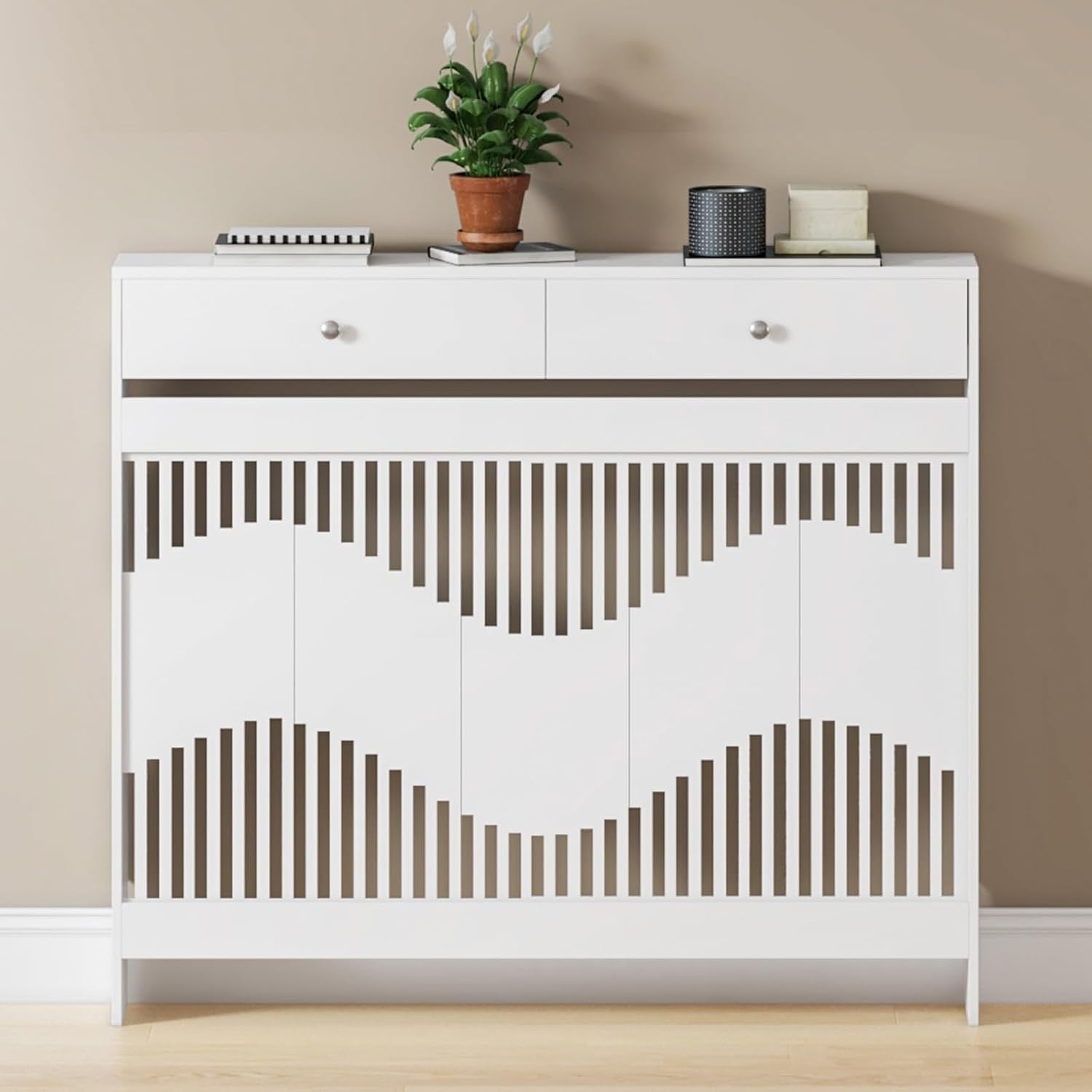 White Radiator Cover Cabinet with Drawers Modern MDF Storage Shelf, Medium