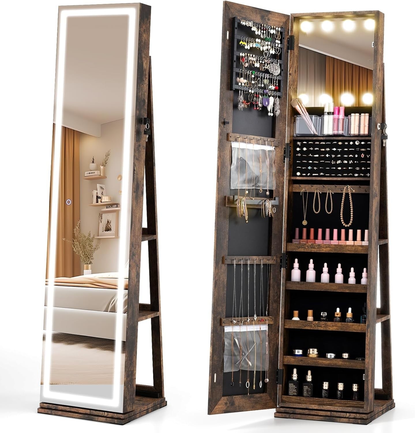 Rotating Jewelry Cabinet LED Mirror Lockable Freestanding Storage Organizer