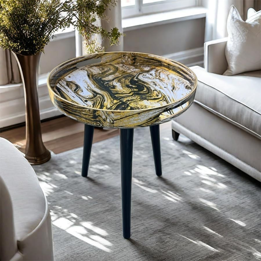 Round Side Table with Detachable Legs – 50x38x38cm Marble Black Gold