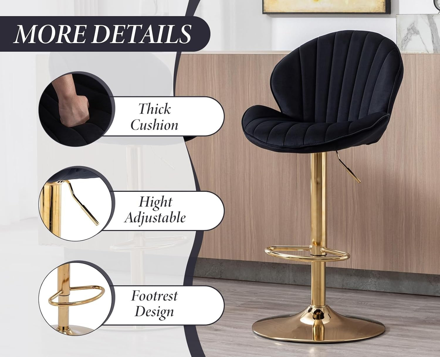 Black Velvet Swivel Bar Stools Set of 2 Adjustable Kitchen Counter Chairs