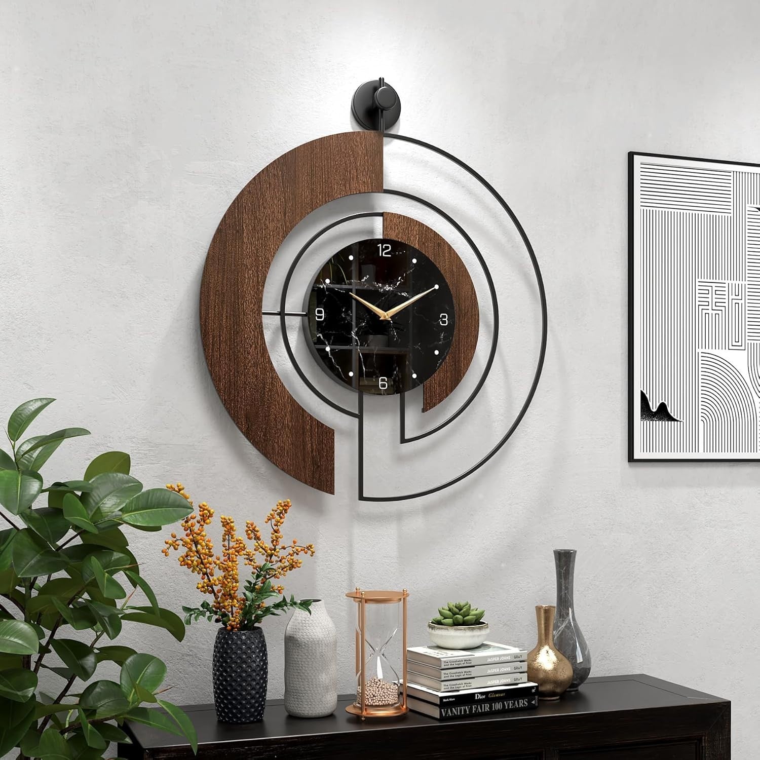 Silent Modern Walnut Wall Clock Marble Dial Large 70cm Round Home Decor