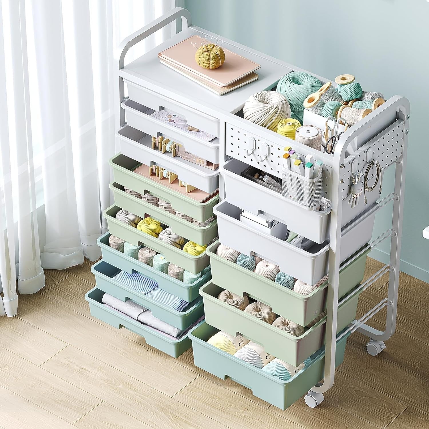 14 Drawer Craft Storage Trolley Cart Pegboard Organizer with Wheels