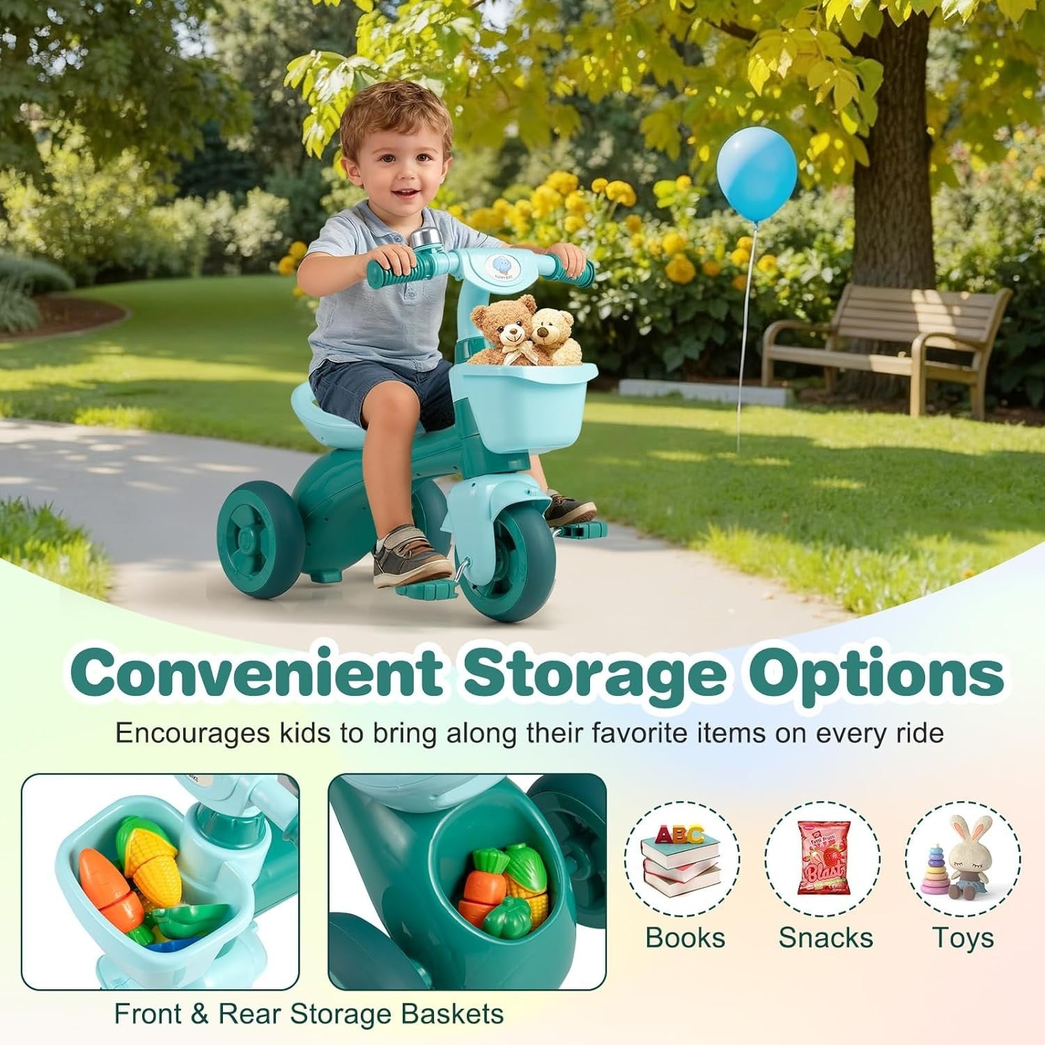 Kids Tricycle 3 Wheel Toddler Trike Front Rear Storage Basket Age 3-5