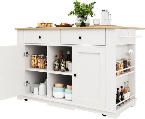 Rolling Kitchen Island Cart with Power Strip, Folding Side Board & Storage